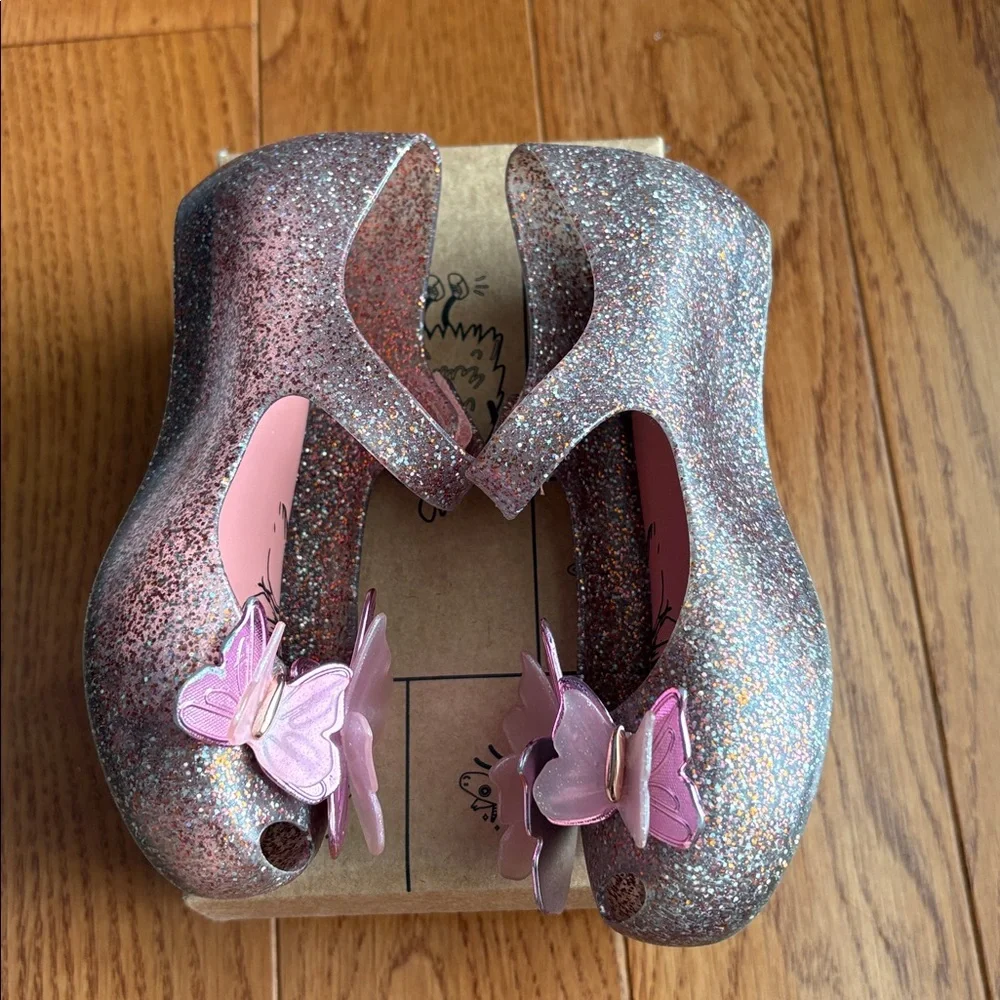 Mini Melissa Pink Glitter Mary Jane Shoes with Butterflies lightly used with box